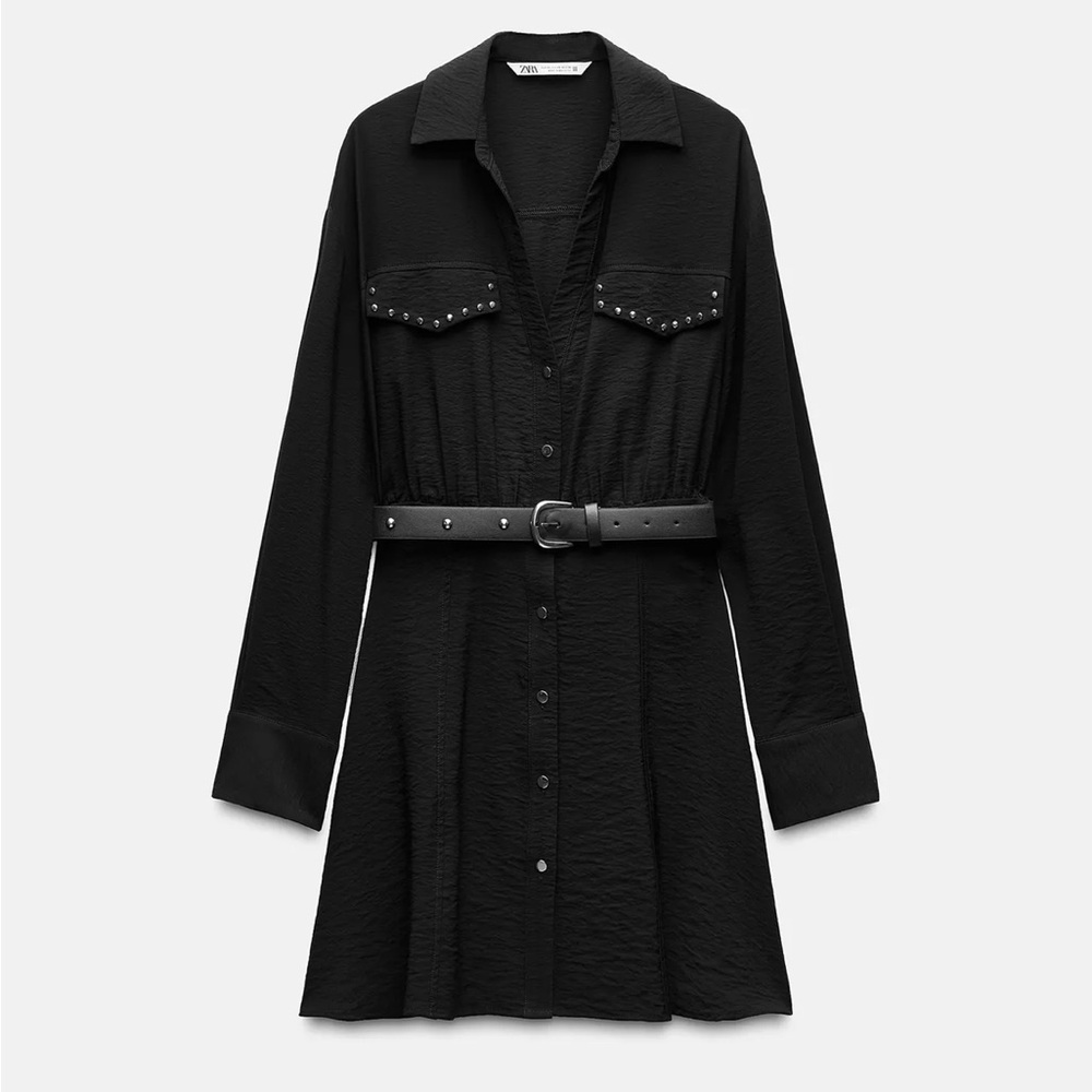 Zara Black Belted Mini Dress with Stud Accents